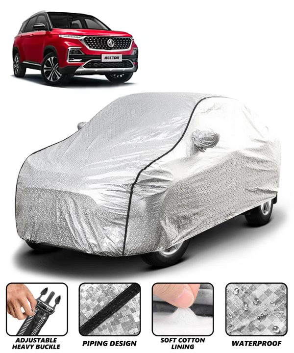 Carzex Waterproof & Heat Resistant Metallic Silver Car Body Cover with Soft Cotton Lining with Mirror Pockets - MG Hector